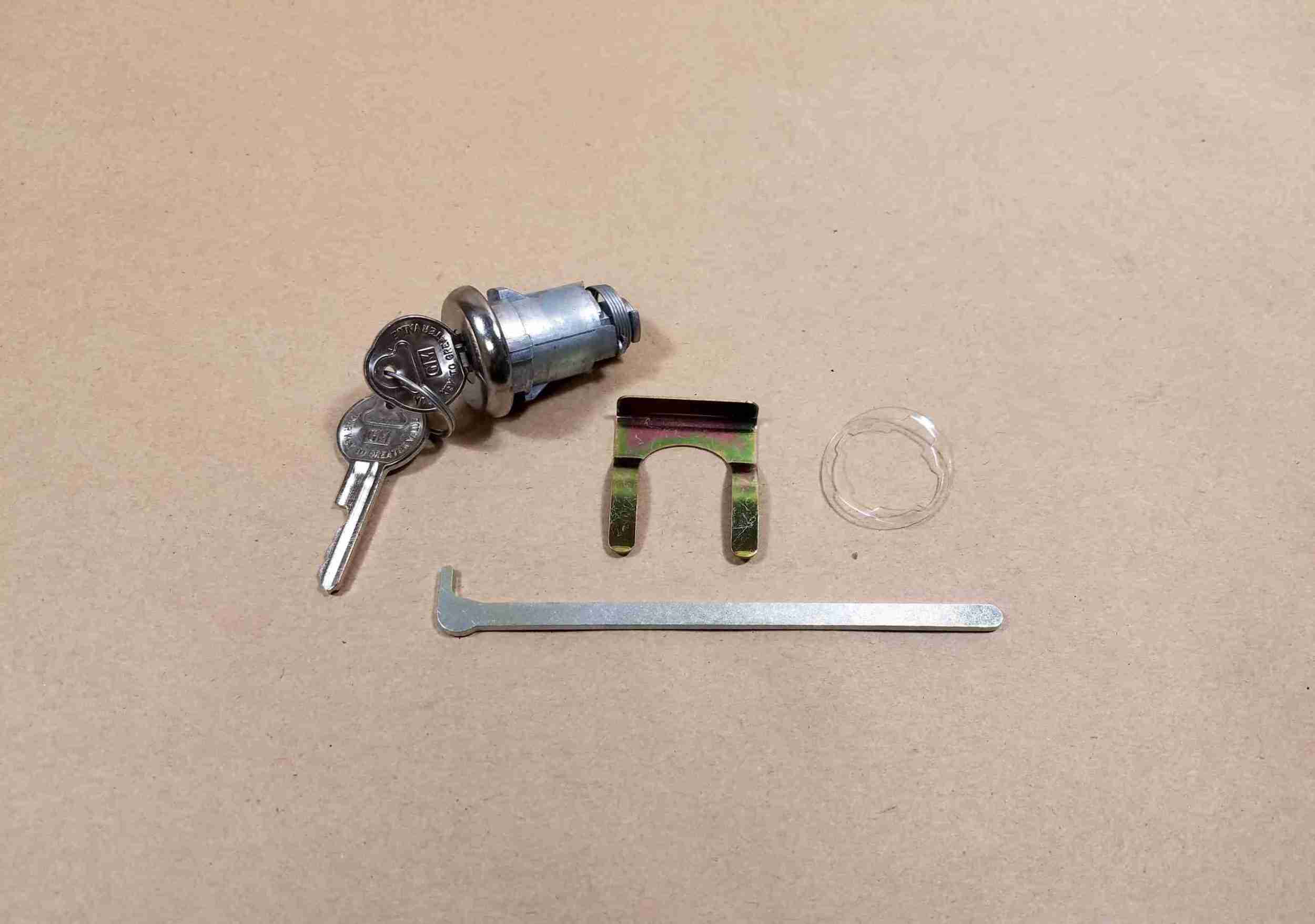1959-68 Trunk Lock Assembly with Shaft, Gasket & U-Clip Retainer, original style pear head key