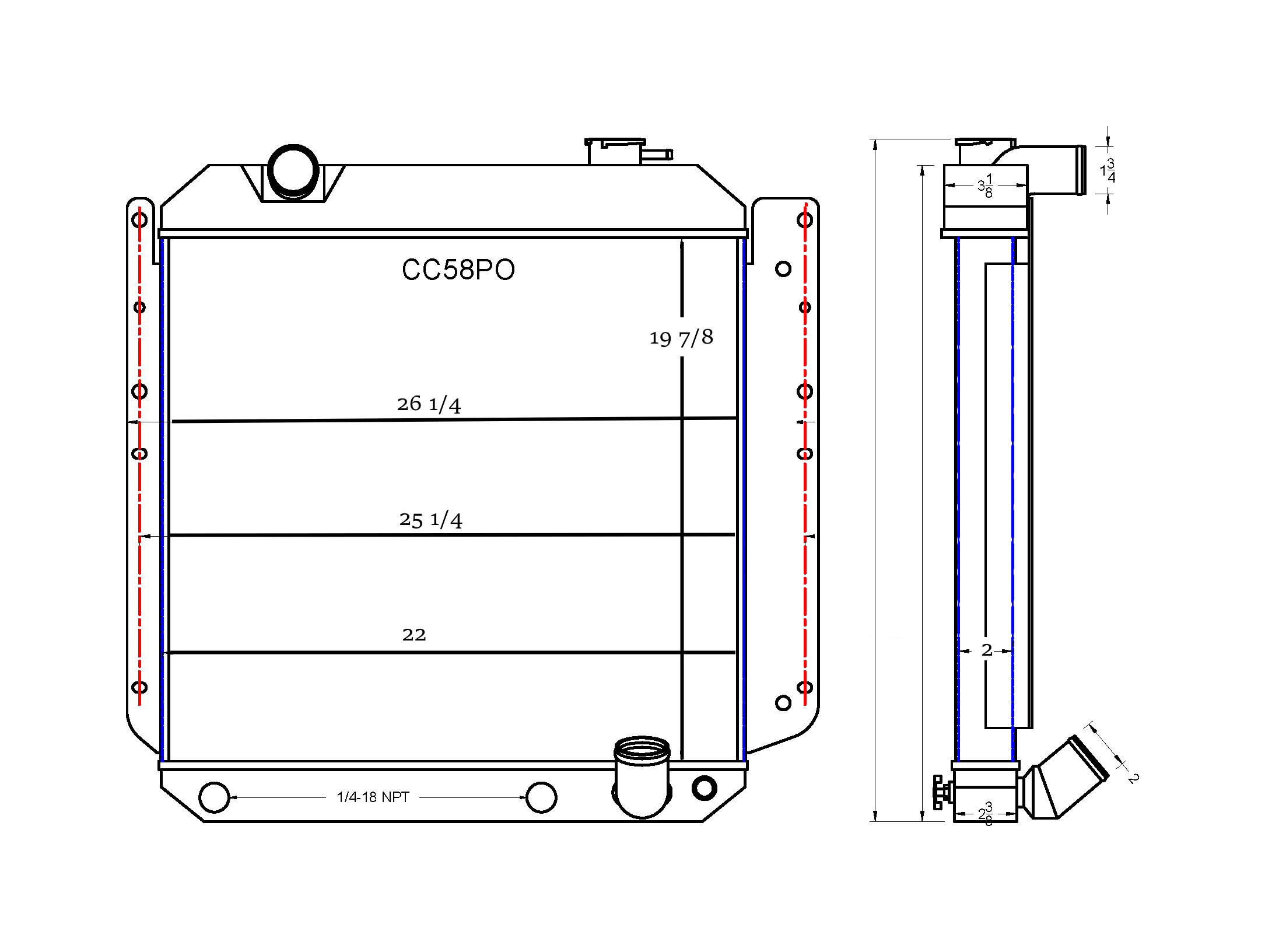 1958 Pontiac Aluminum Radiator Assembly, 3 Core 26 7/8" X 26 1/4" - Image 2