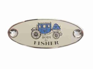 1932-40 Oval Cream Background Seat Side Fisher Body Plate, chrome plated, w/ screws