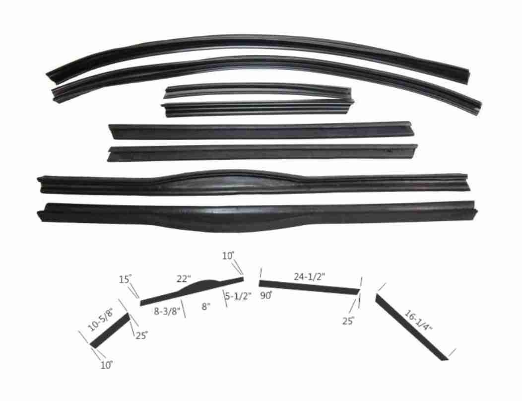 1942-48 Convertible Folding Top Side Roof Rail Weatherstrip Set, 8 pieces, includes C4115231RS