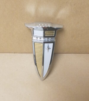 1960 Fuel Tank Filler Door Emblem, gold & white on chrome