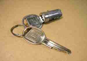 1955-69 Glove Box Lock Tumbler, w/ original style pear head keys, tumbler only, 1955-58, 1968 A body, 1969 ABFG