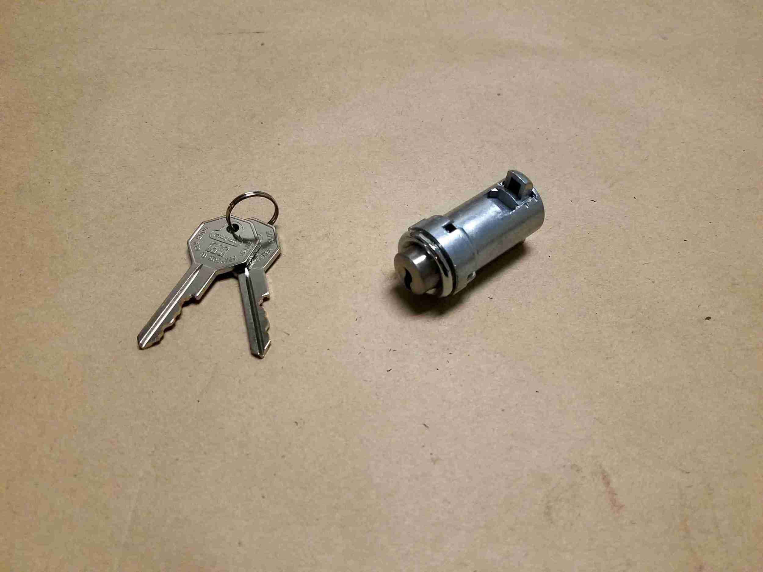 1955-68 Glove Box Lock, includes tumbler, case & original type pear head keys, 1955-58 All, 1968 A body