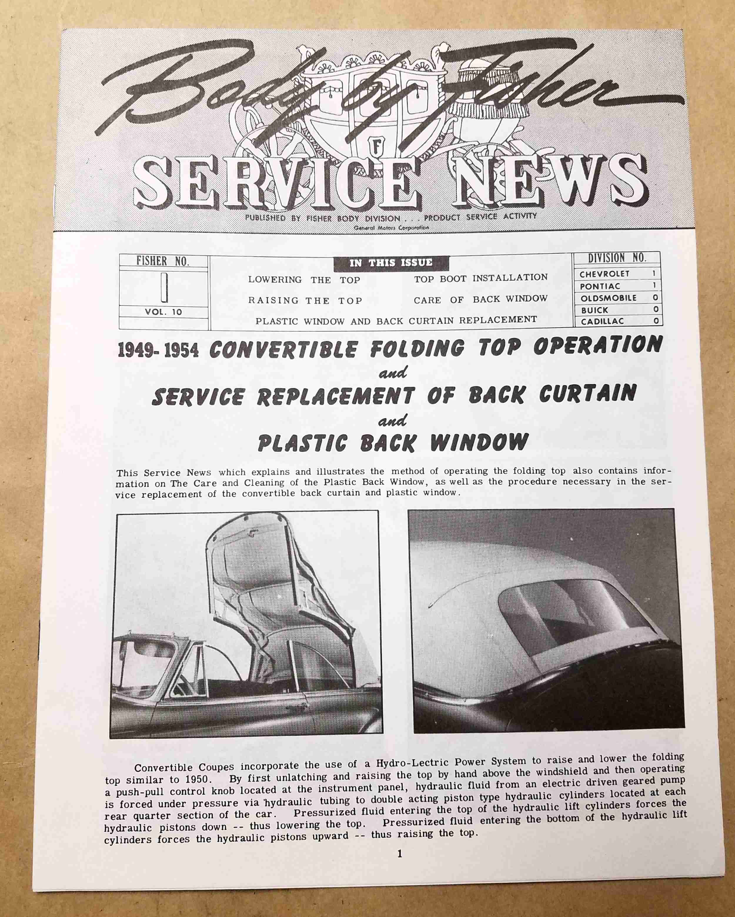 1949-54 Convertible Fisher Body Bulletin, covers convertible folding top operation
