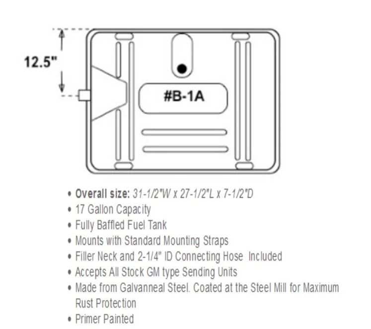 1949-57 Fuel Tank with 12 1/2" Fuel Neck Offset with 5/16" Sending Unit. GM Universal Check Dimensions Before Ordering - Image 2