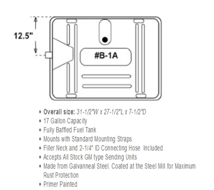 1949-57 Fuel Tank with 12 1/2" Fuel Neck Offset and 3/8" Sending Unit. GM Universal Check Dimensions Before ordering - Image 2
