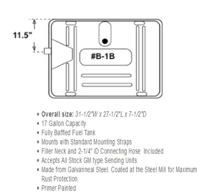 1949-57 Fuel Tank with 11 1/2" Fuel Neck Offset with 5/16" Sending Unit. GM Universal Check Dimensions Before Ordering - Image 2