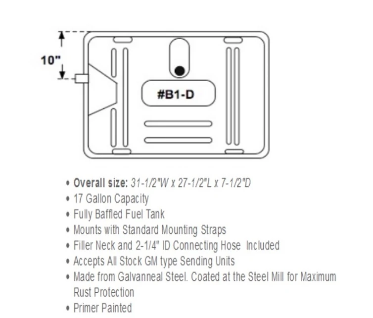 1949-57 Fuel Tank with 10" Fuel Neck Offset with 5/16" Sending Unit. GM Universal Check Dimensions Before Ordering - Image 2