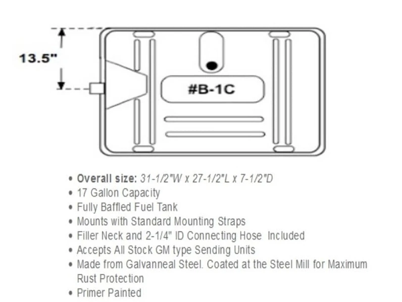 1949-57 Fuel Tank with 13 1/2" Fuel Neck Offset and 3/8" Sending Unit. Pontiac and GM Universal Check Dimensions Before ordering - Image 2