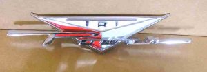 1958 Front Fender Name Plate ?Tripower? Emblem, red/white/blue.