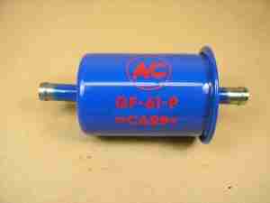 Fuel Filter GF61P, for cars w/ 3/8 diameter fuel lines, blue with red lettering, 1957-60 exc FI or PCV, 1961-65 P8 exc AC, 1964-66 T8 3/2bc, 1966 P8 3/2bc