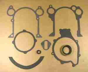 1963 - 75 Timing chain cover gasket set, includes cover gasket, front pan gasket, oil seal & cover to intake O ring.. include