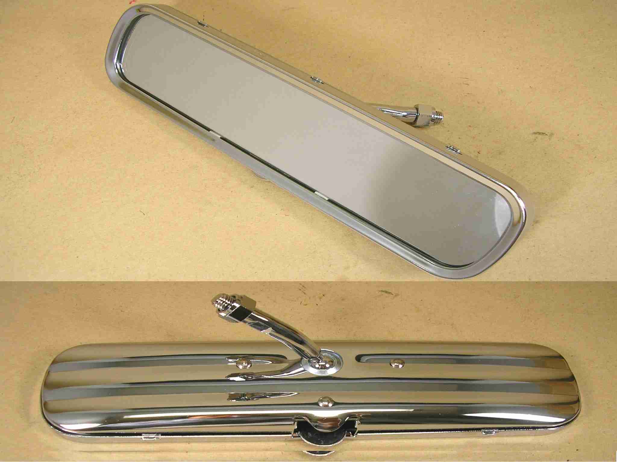 1951-52 Accessory Day/Night "Glare-Proof" Inside Rearview Mirror, w/ flip tab, 8-3/4"x2-3/8" w/ two incised lines & long bent arm