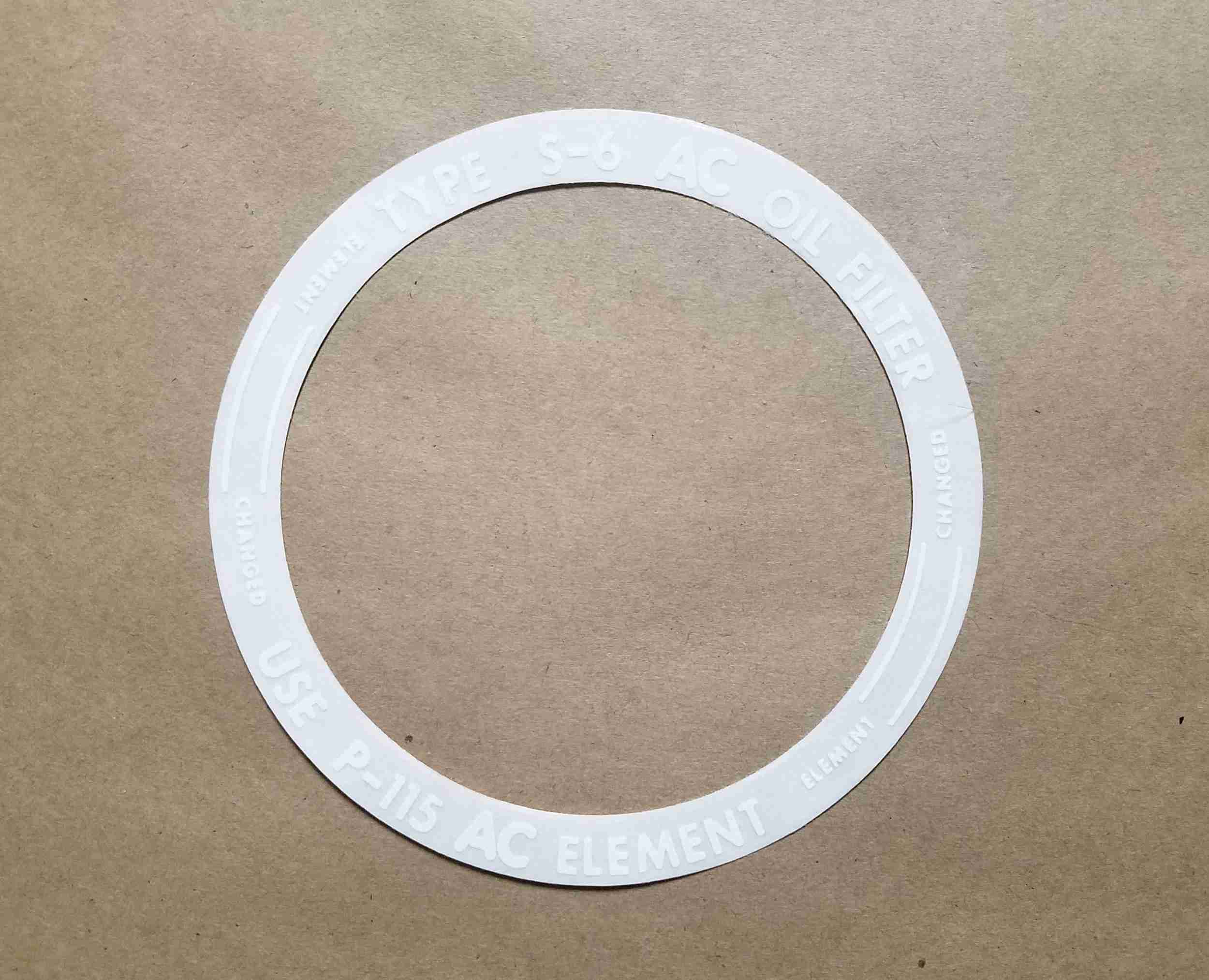 1941-48 Oil Filter Housing Lid Decal S-6/P115, white on blue