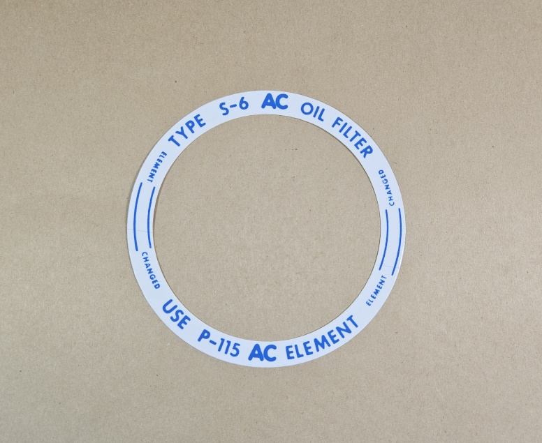 1941 1948 Oil Filter Housing Lid Decal S-6/P115, blue on clear