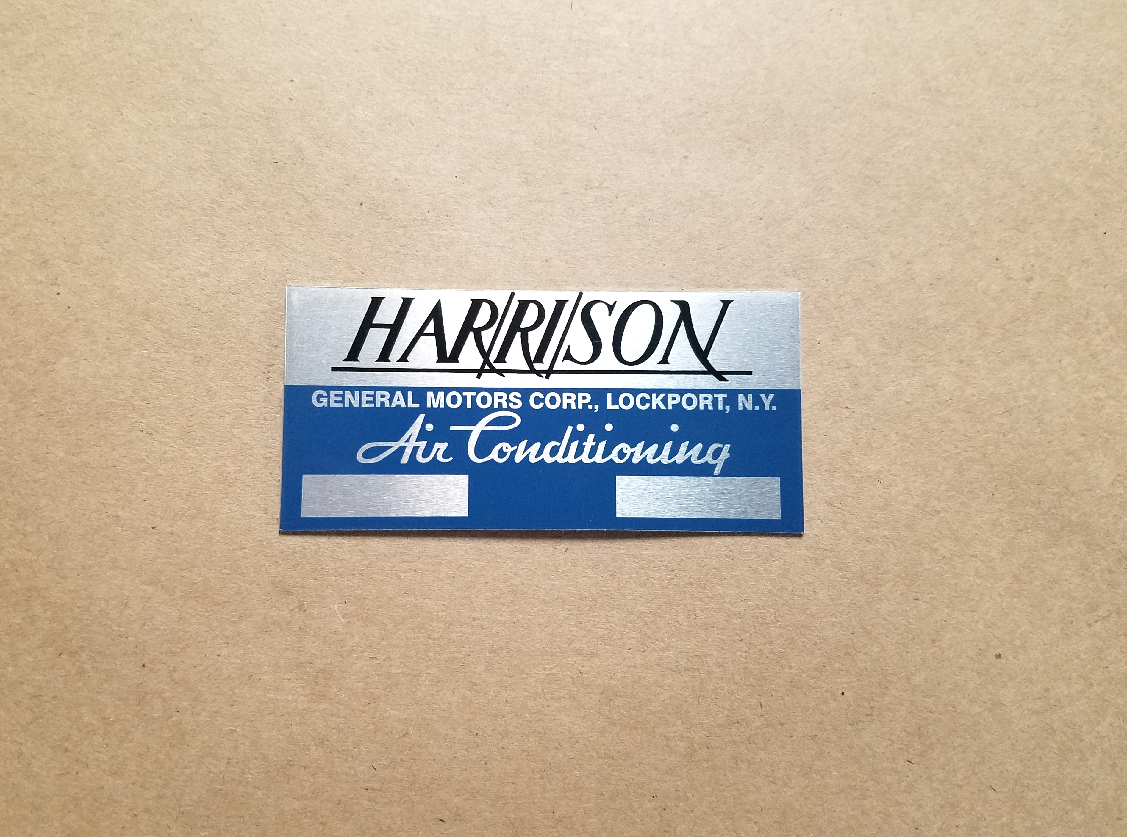 1954-64 Harrison Air Conditioning Evaporator Box Decal, aluminum & blue, All exc 1954 Delphi AC system