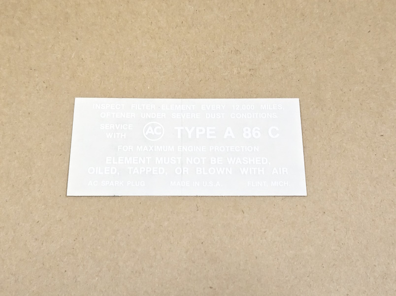 1959-60 2-Barrel Carburetor White Dry Style Air Cleaner Service Instruction Decal, for A86C paper element air cleaner