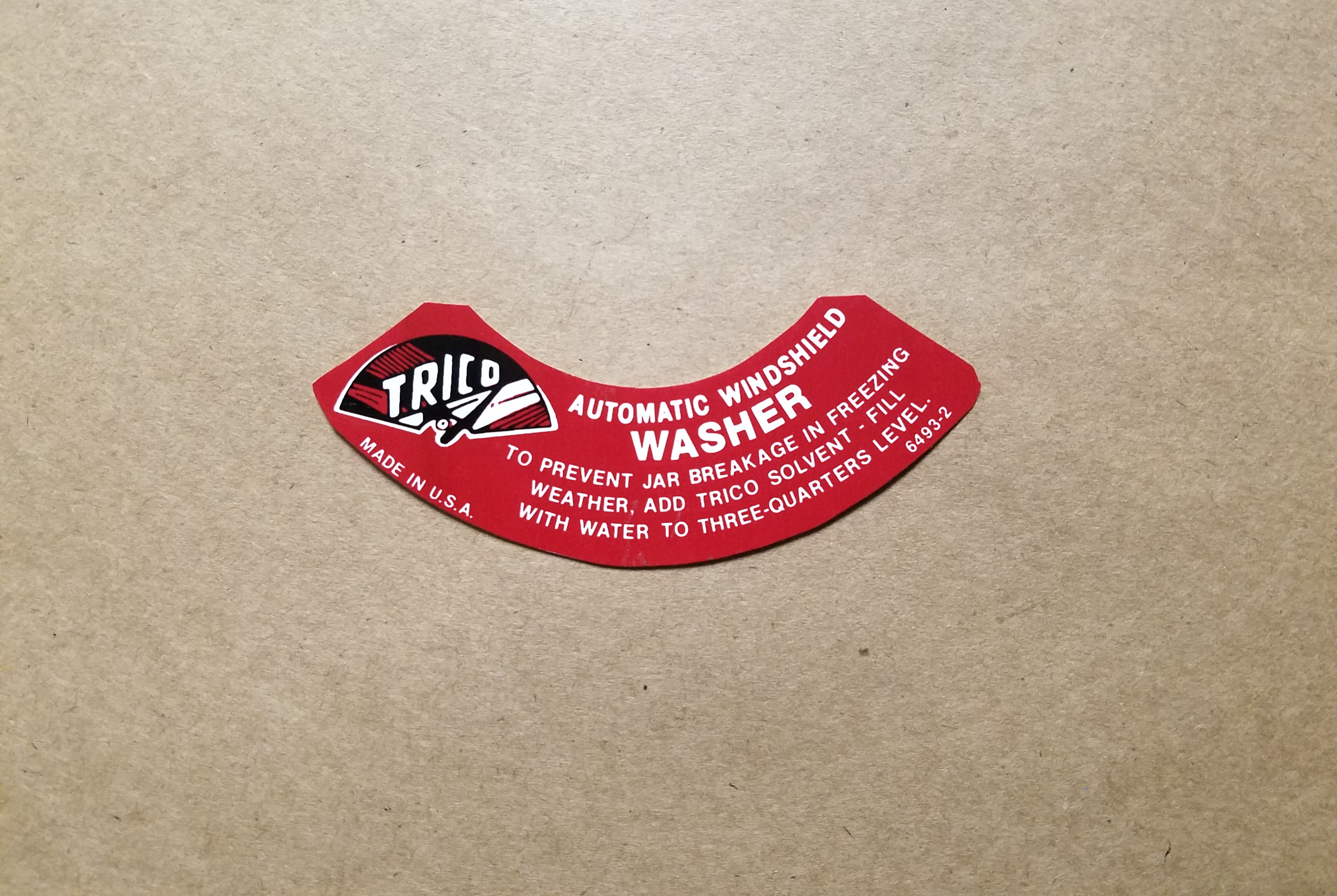 1940-60 Trico Windshield Washer Jar Lid Decal, on decal: 6493-2