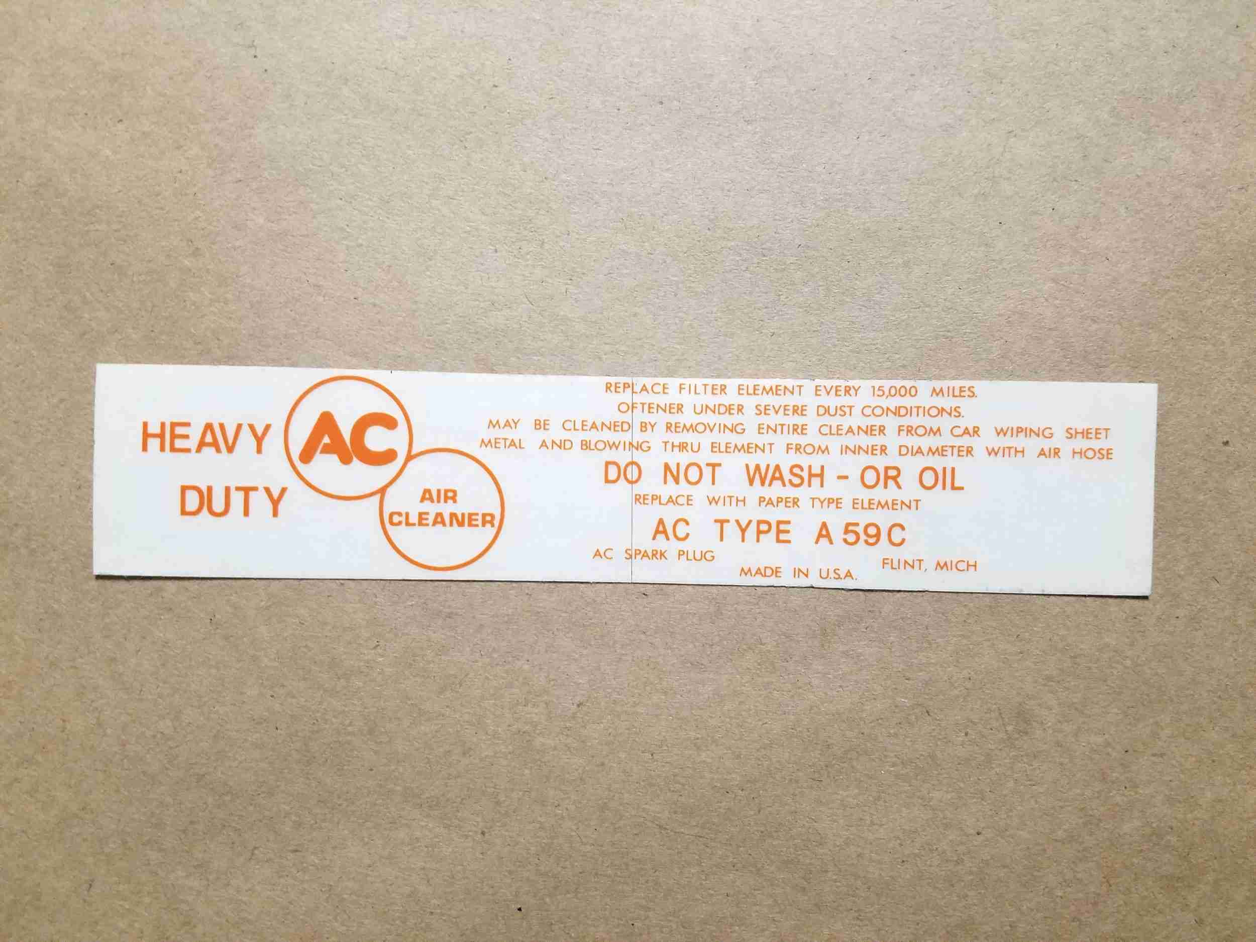 1957 All Orange Air Cleaner Service Instruction Decal, rectangular, for A59C paper element air cleaner