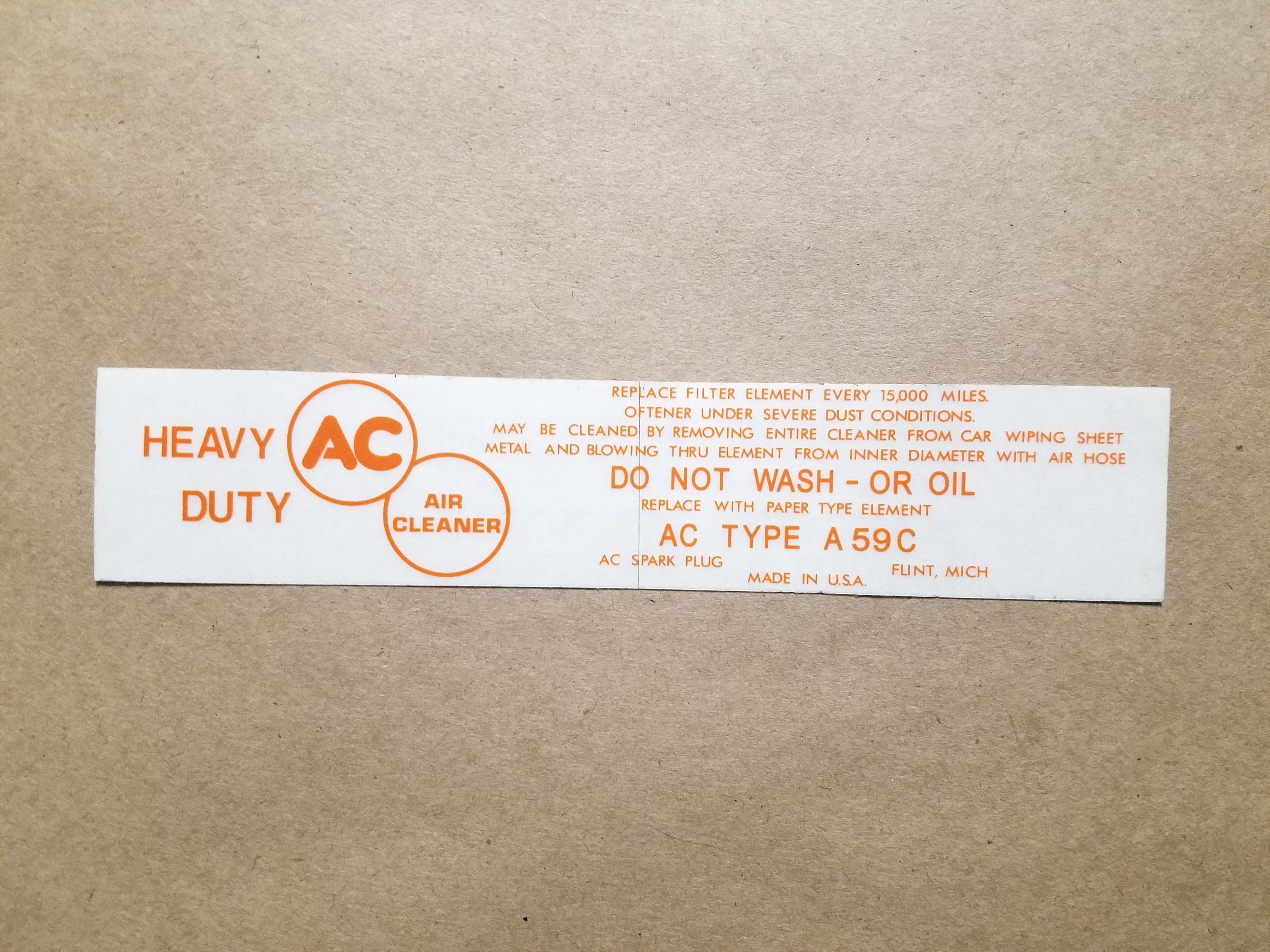 1957 All Orange Air Cleaner Service Instruction Decal, rectangular, for A59C paper element air cleaner