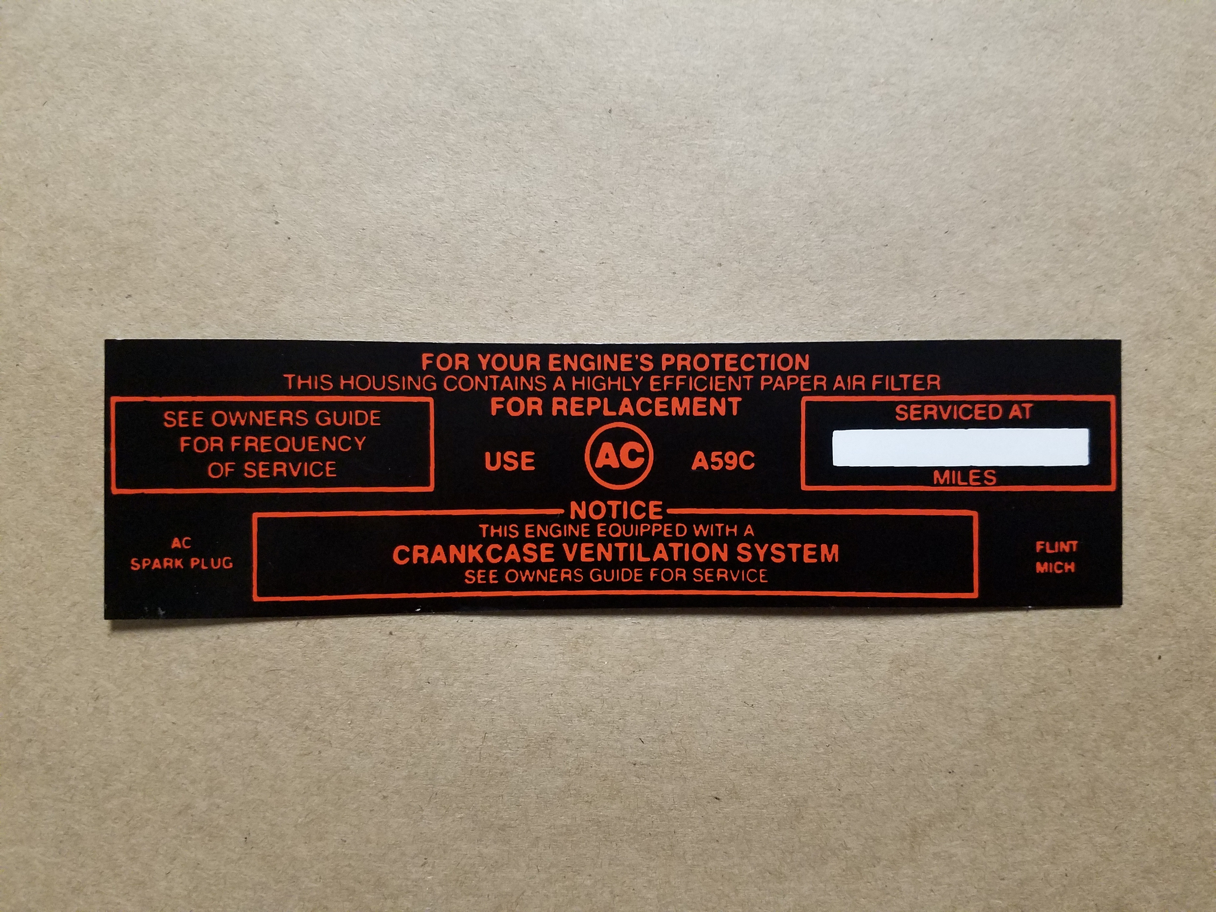 1964-65 Decal, Tri Power Air Cleaner Service Instruction, Black (On Decal: A59C)
