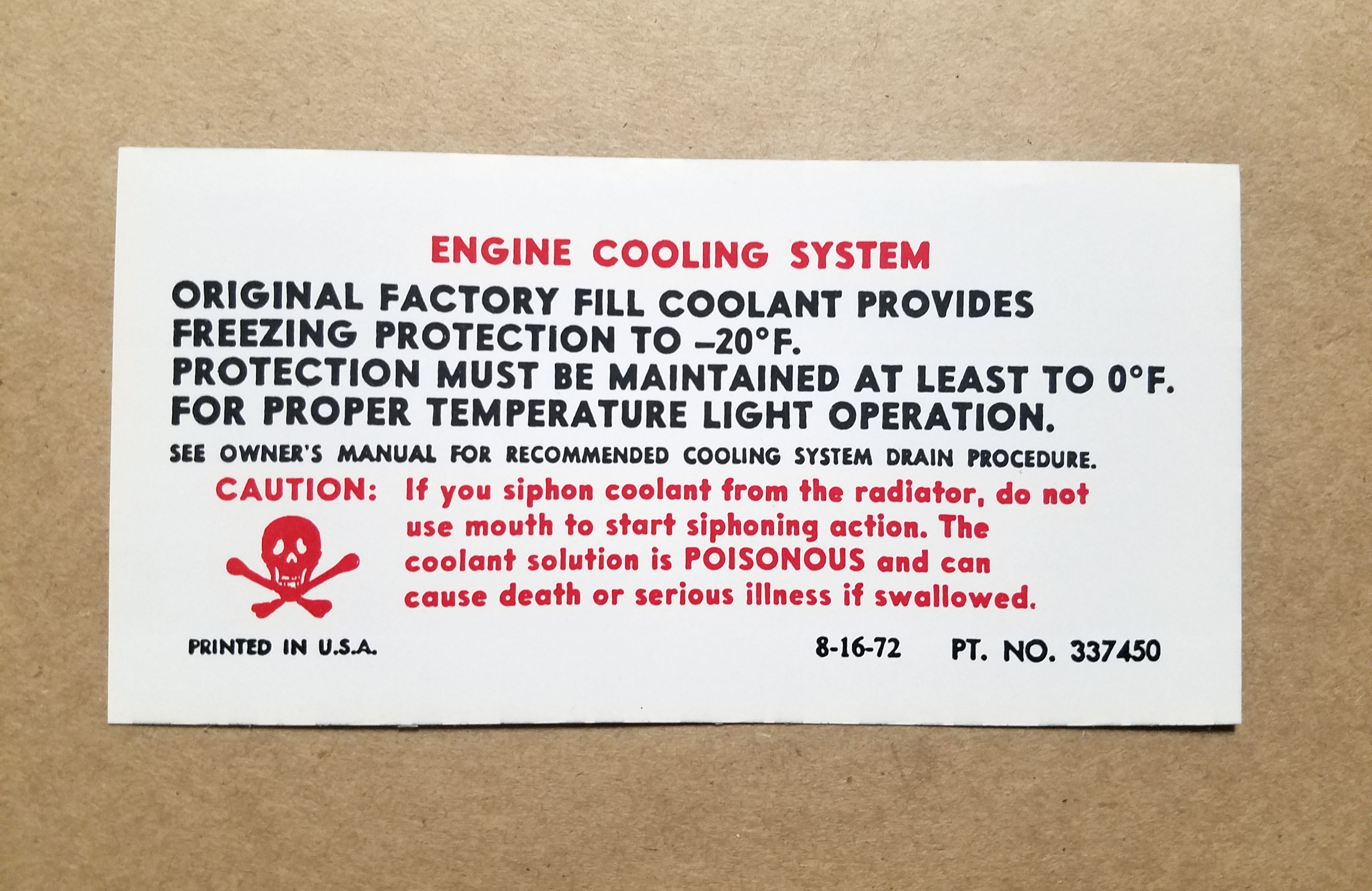 1973 Decal Engine Cooling Systems Caution