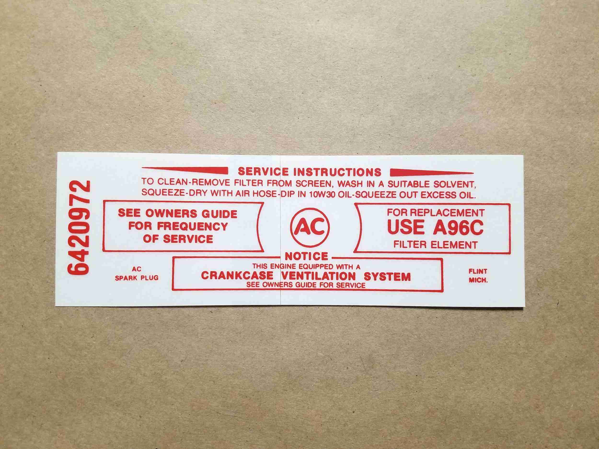 1965-69 389/428 Air Cleaner Service Instruction Decal, Red (GM# 6420972, On Decal: A96C)