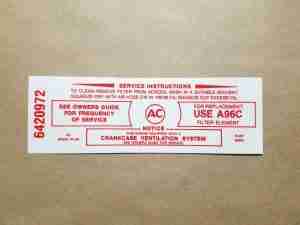 1965-69 389/428 Air Cleaner Service Instruction Decal, Red (GM# 6420972, On Decal: A96C)
