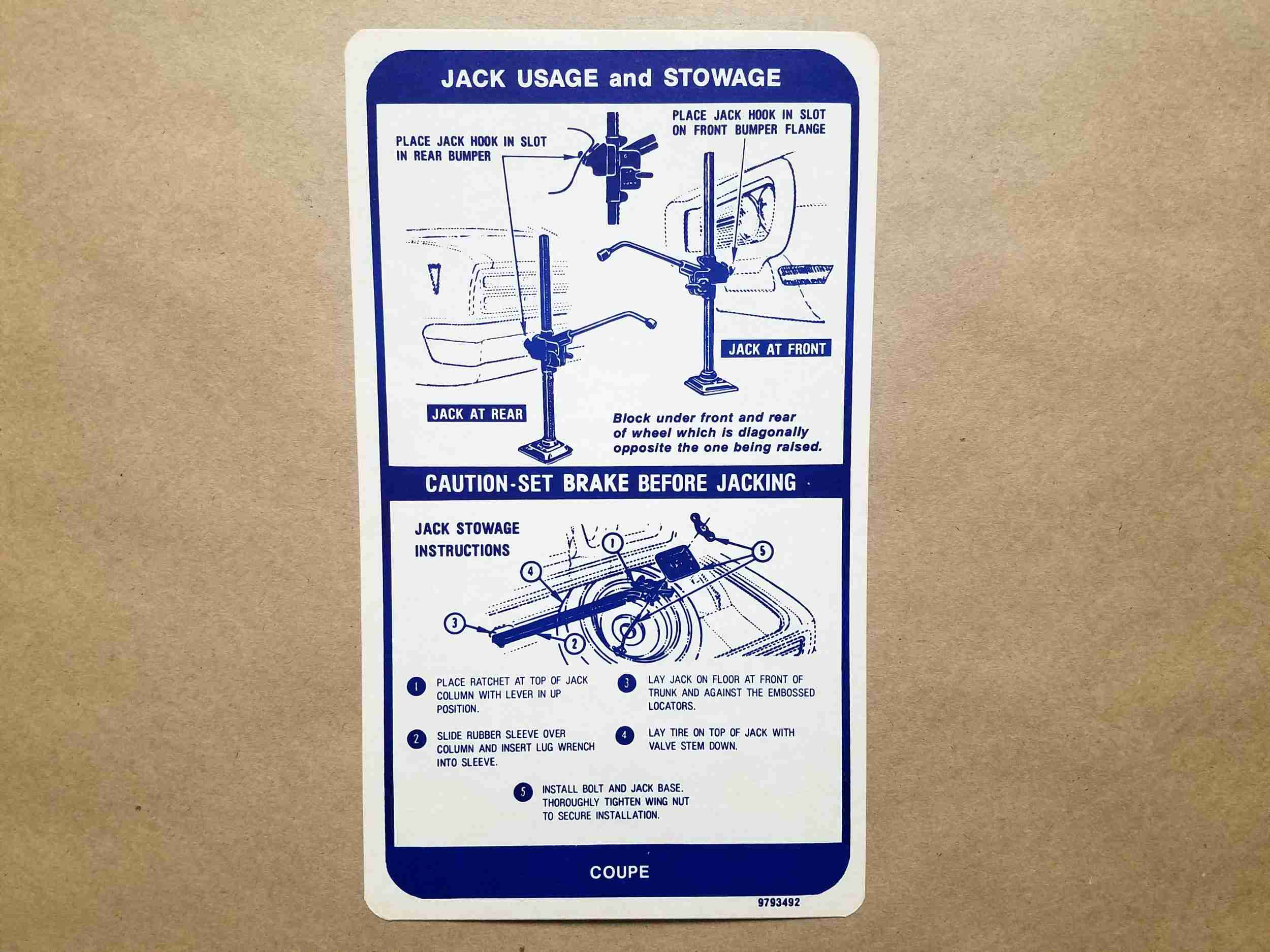 1968 F Jack Instruction, Regular Tire, GM 9793492, 1968 Firebird Coupe