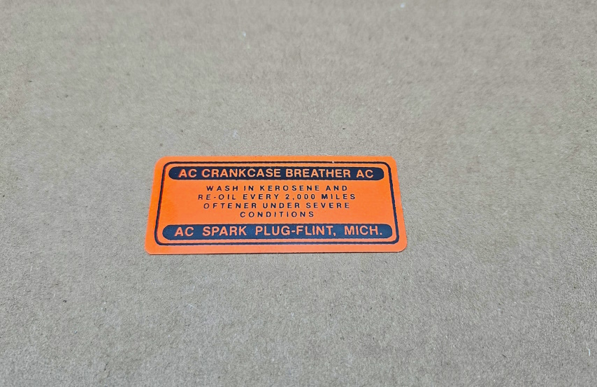 1940-64 Oil Filler Crankcase Breather Cap & Road Draft Tube Crankcase Outlet Air Cleaner Decal, orange & black