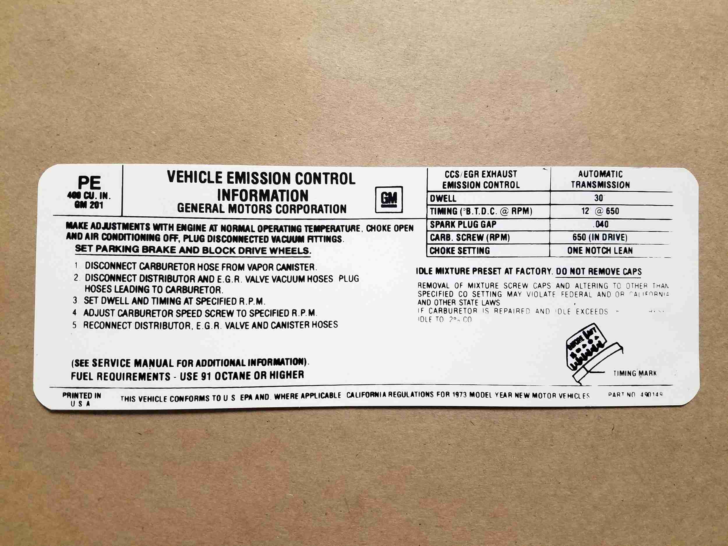 Decal, 400 AT Emission, US/California (On Decal: PE 490149)
