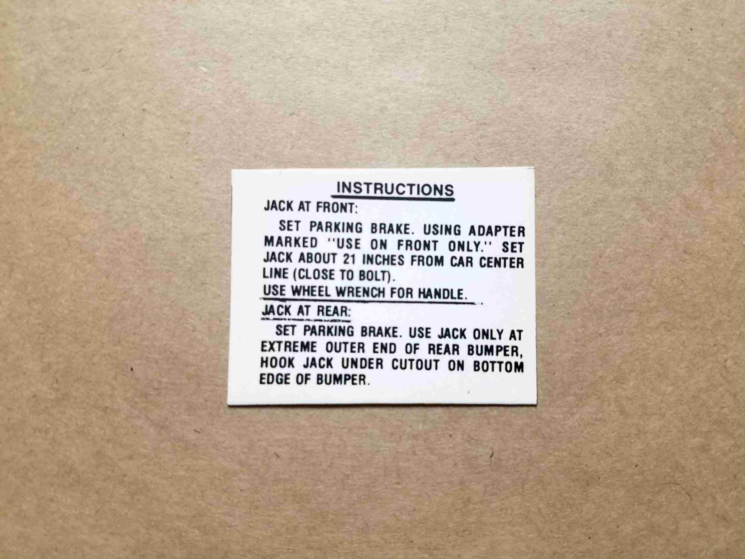 1959-60 Jack Instruction Decal, installs on jack shaft