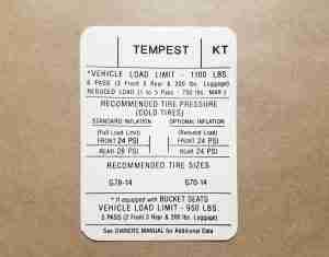 1970 TLMGTO Tire pressure Decal, KT,