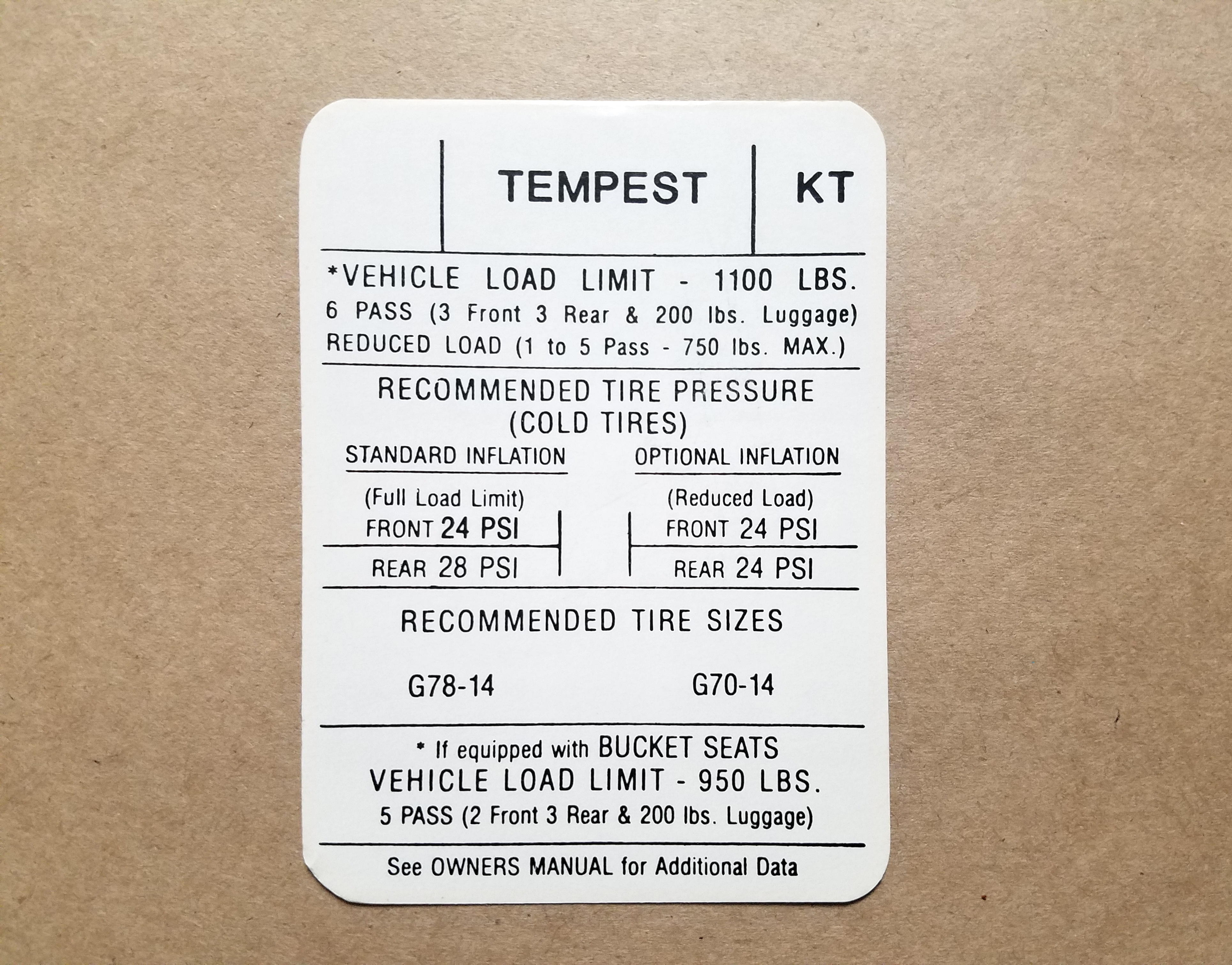 1970 TLMGTO Tire pressure Decal, KT,