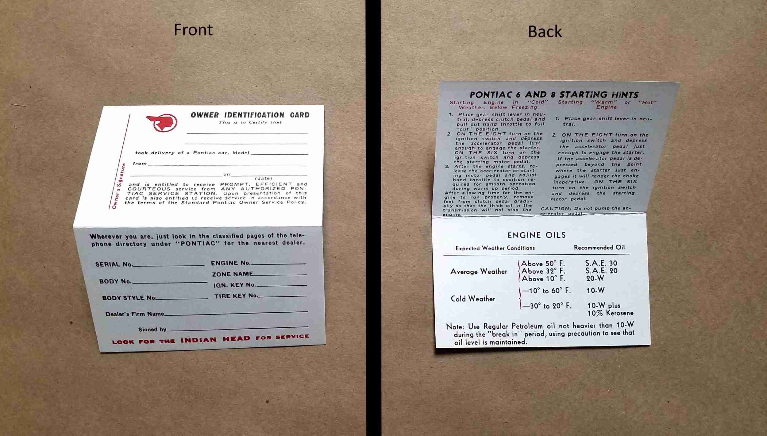 1937-59 New Vehicle Owners Identification Card