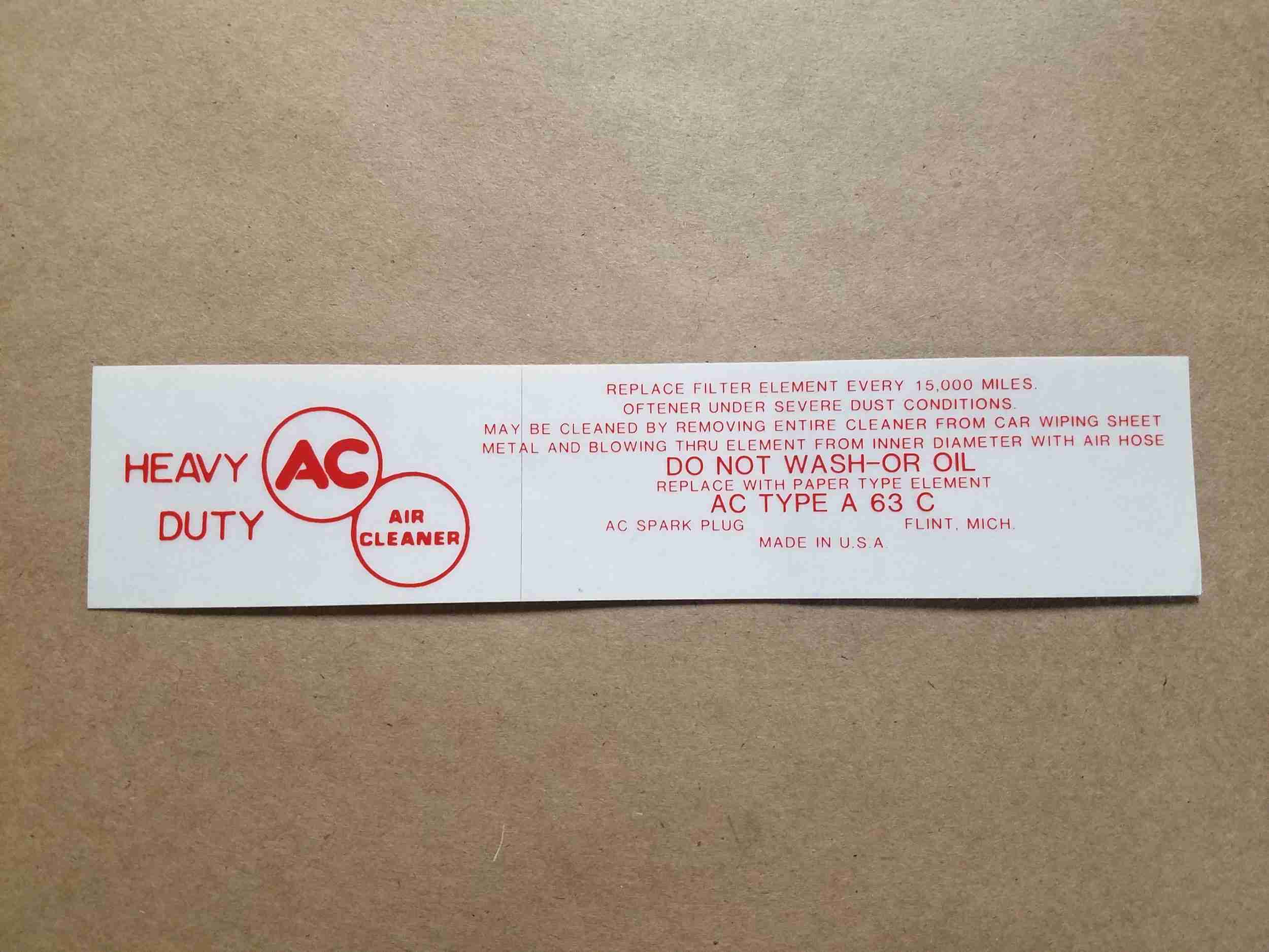 1958-60 Red Air Cleaner Service Instruction Decal, rectangular, for A63C paper element air cleaner, 1958 w/ 2-Barrel or 4-Barrel Carburetor, 1959-60 w/ 4-Barrel Carburetor