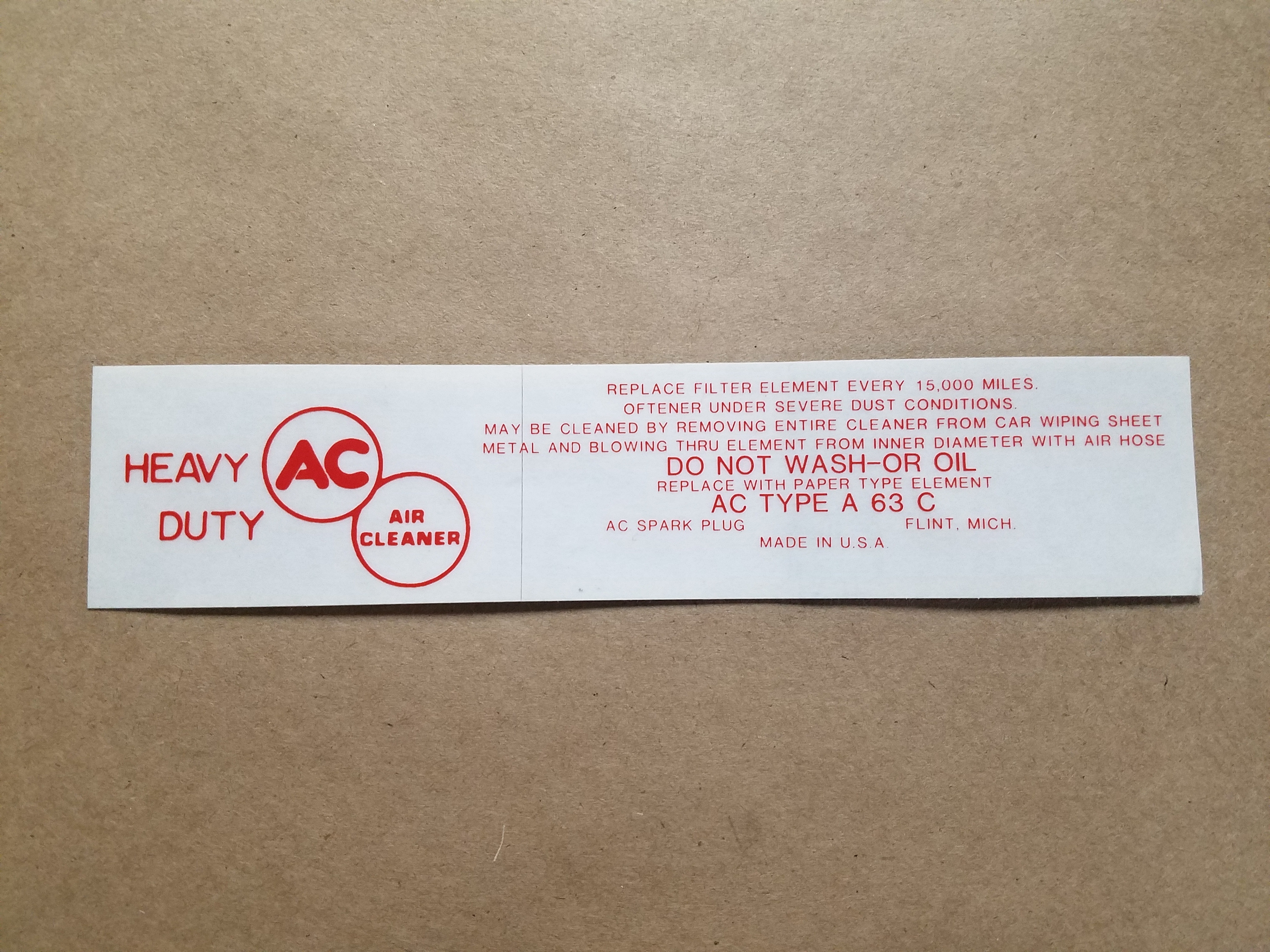 1958-60 Red Air Cleaner Service Instruction Decal, rectangular, for A63C paper element air cleaner, 1958 w/ 2-Barrel or 4-Barrel Carburetor, 1959-60 w/ 4-Barrel Carburetor