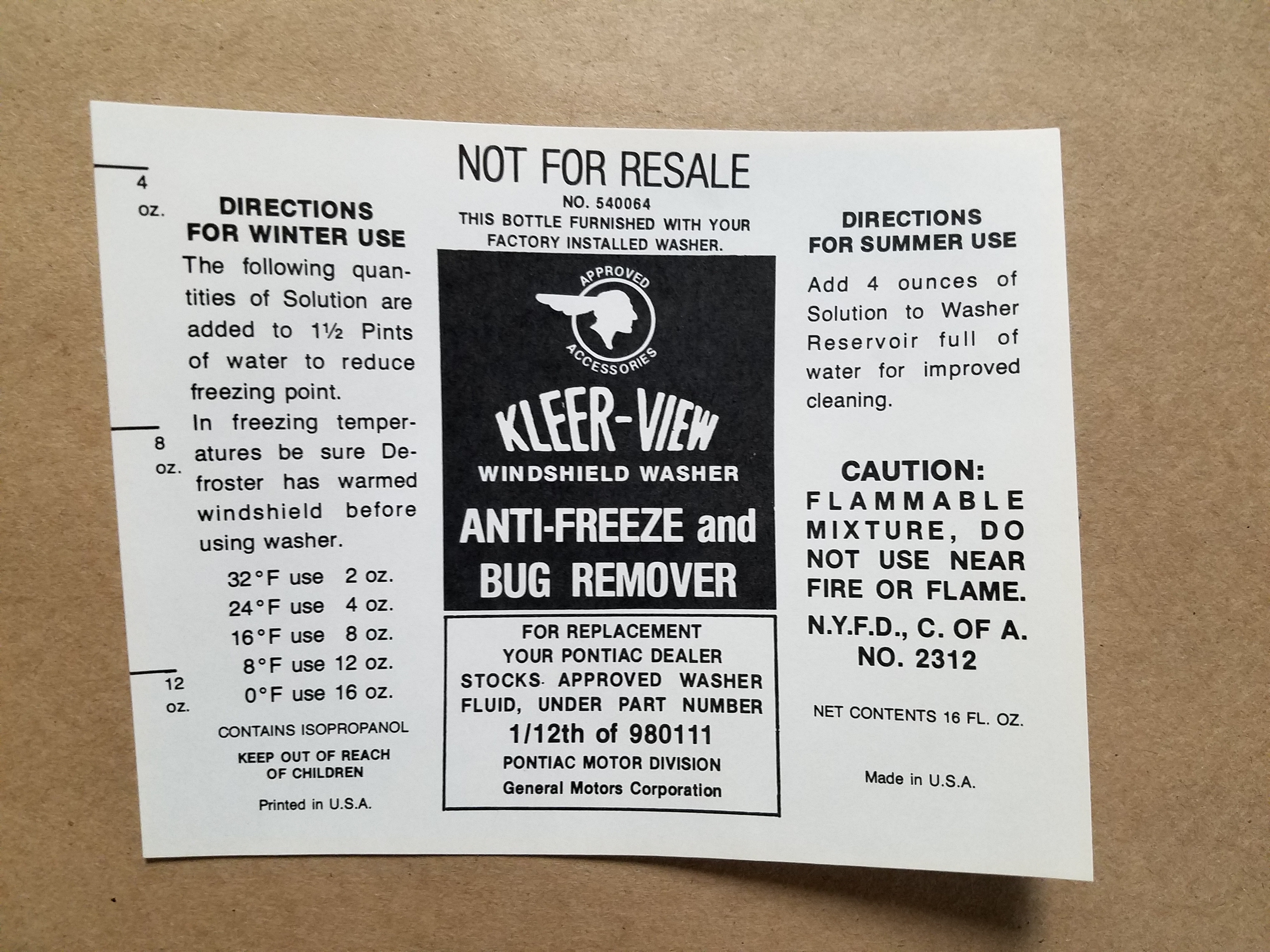 1961-69 Decal, Kleer-View Windshield Washer (GM# 540064), 1961-69..