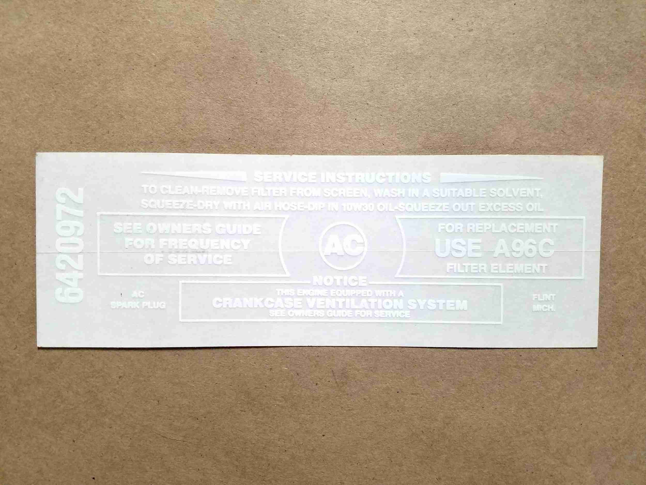 Decal, 389/428 Air Cleaner Service Instruction, White (GM 6420972, On Decal: A96C)