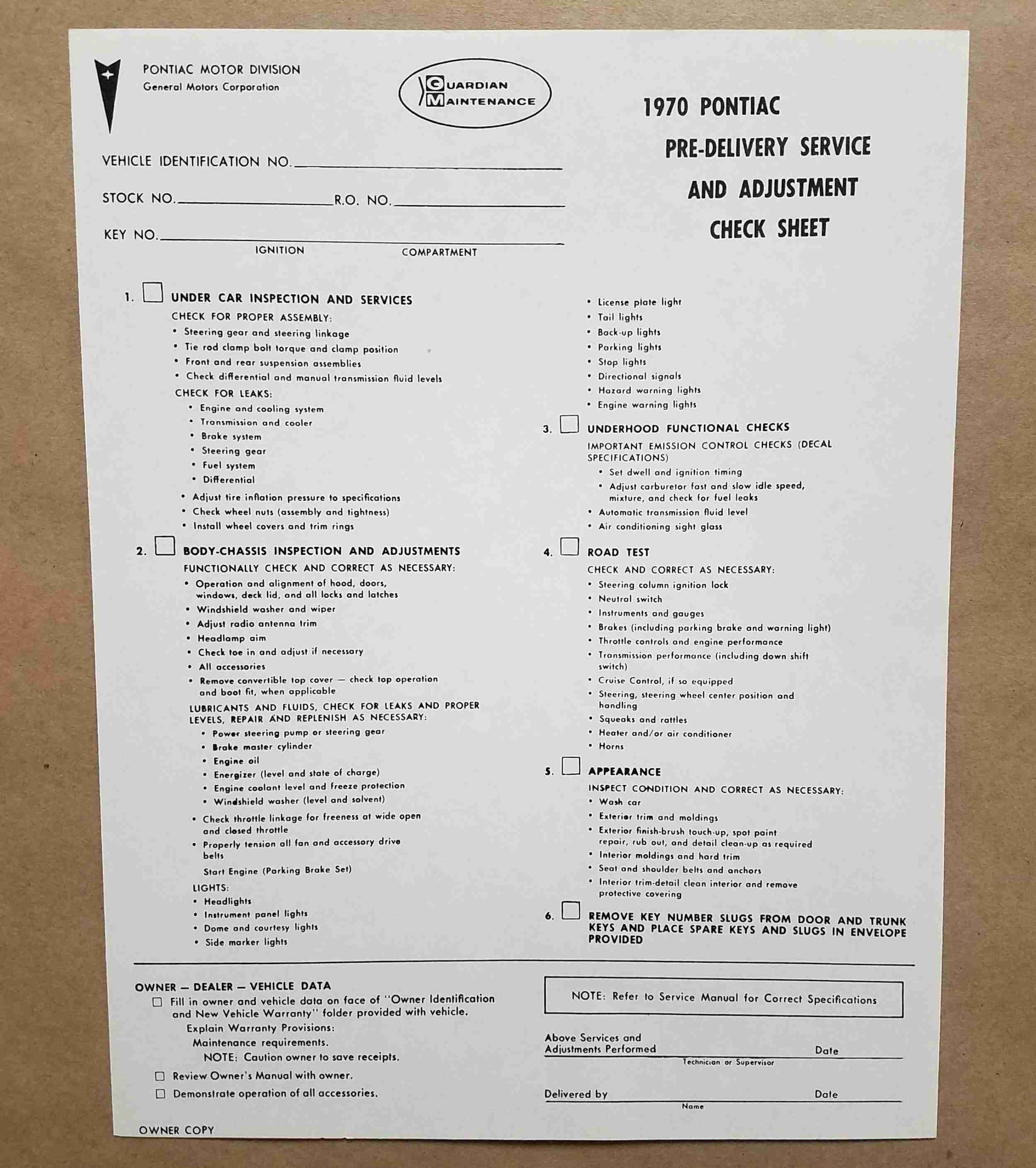 1970 Sheet New Vehicle pre Delivery