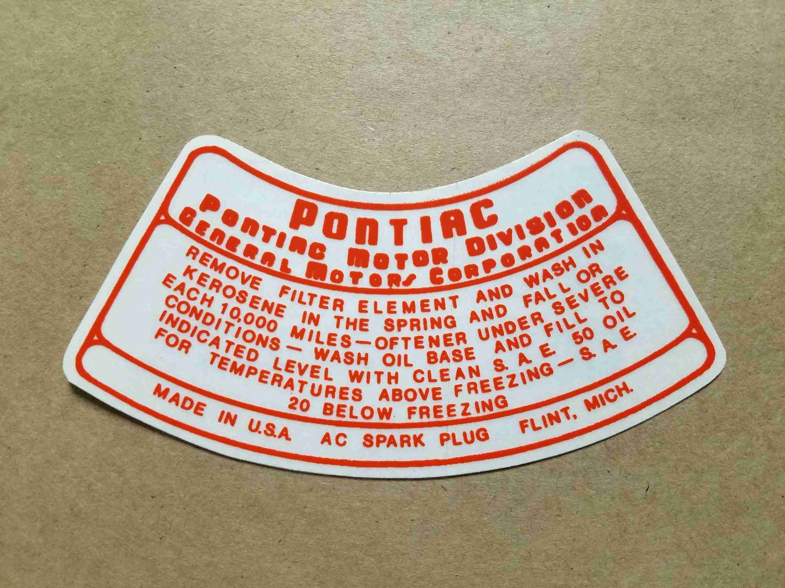 1956 2-Barrel Carburetor Orange Oil Bath Air Cleaner Service Instruction Decal, semi-circular