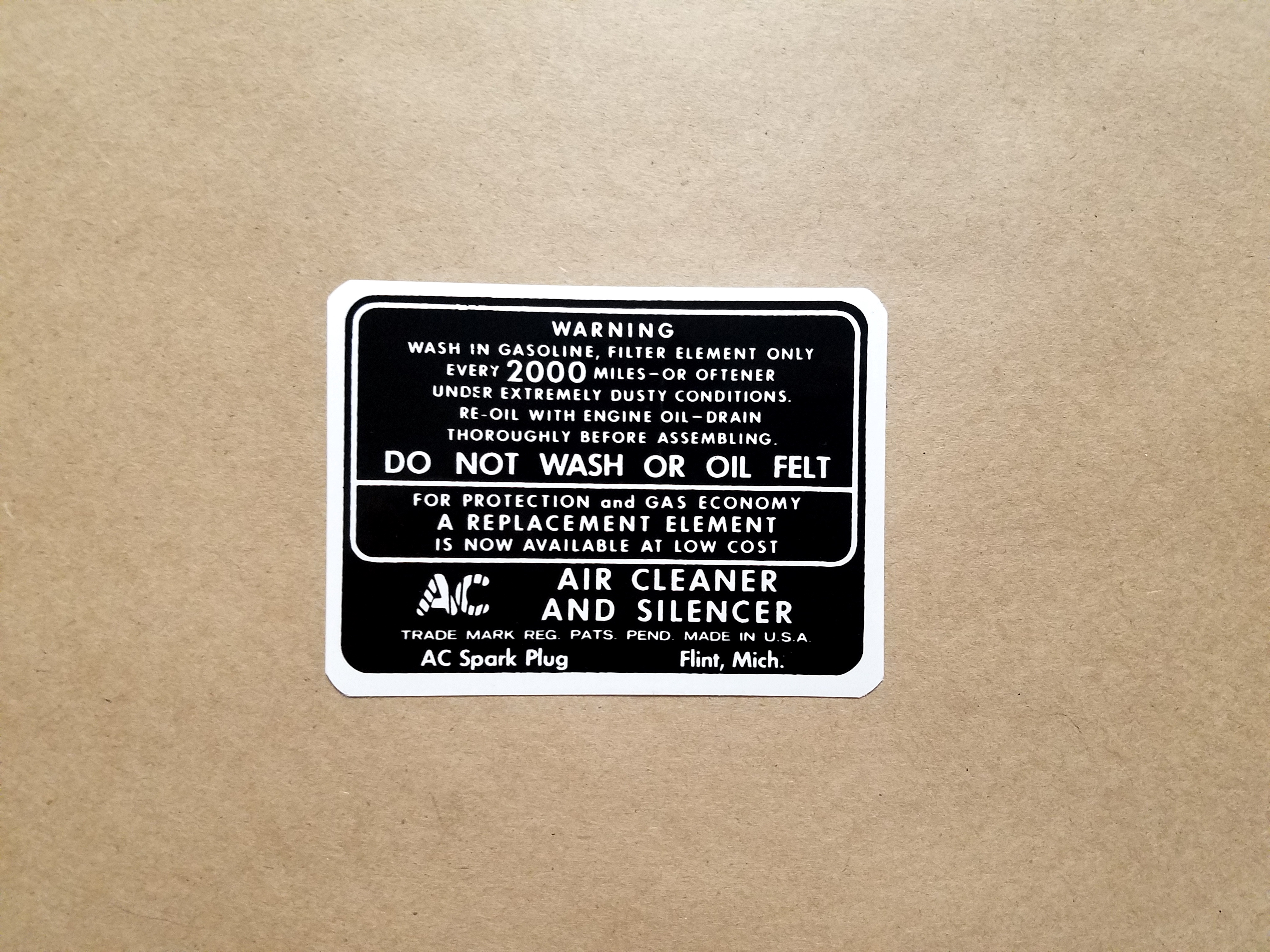 1934-48 White Dry Style Air Cleaner Service Instruction Decal, rectangular, 1934 P8, 1935-48 All