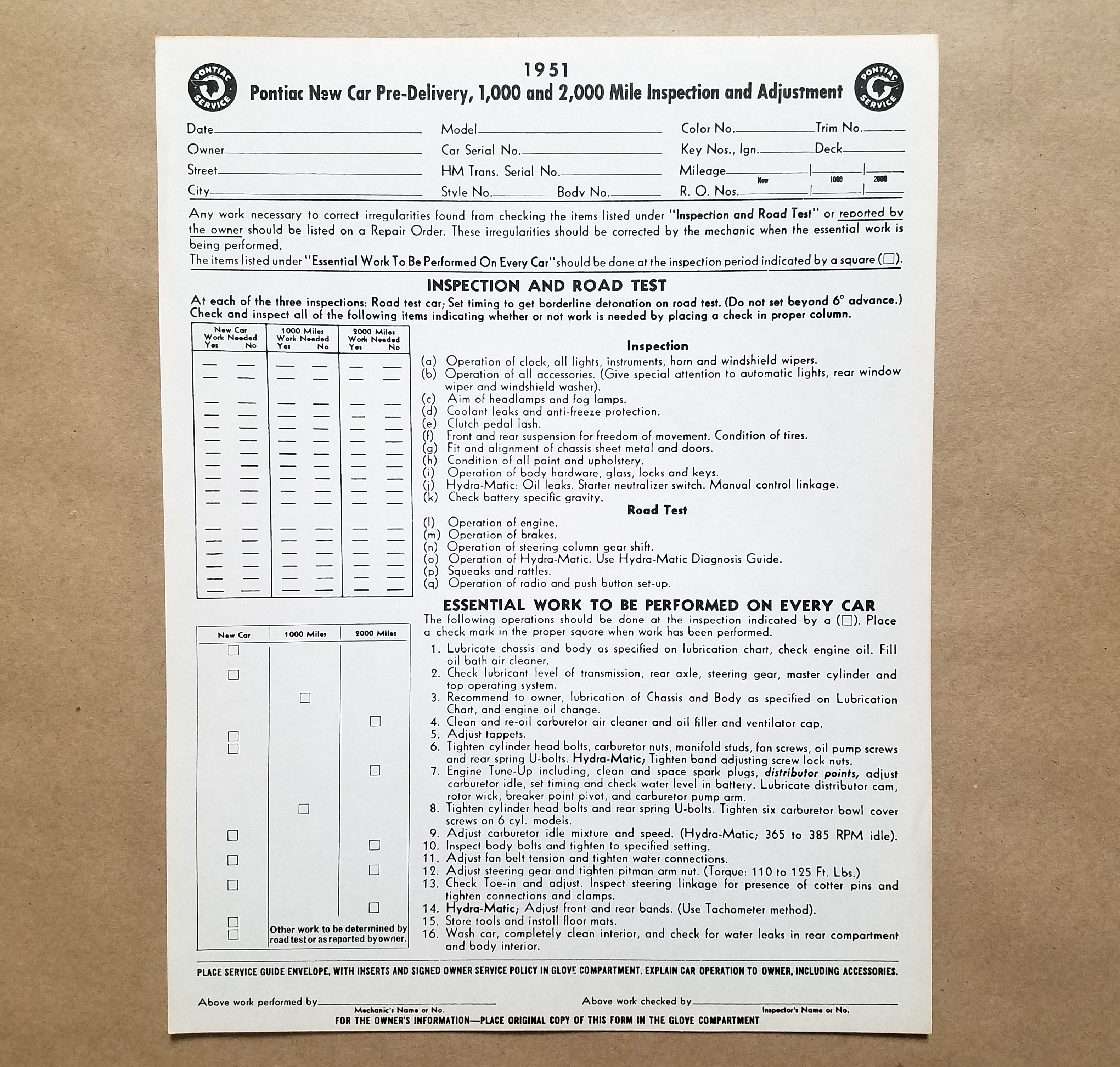 1951 New Car Pre-Delivery Sheet