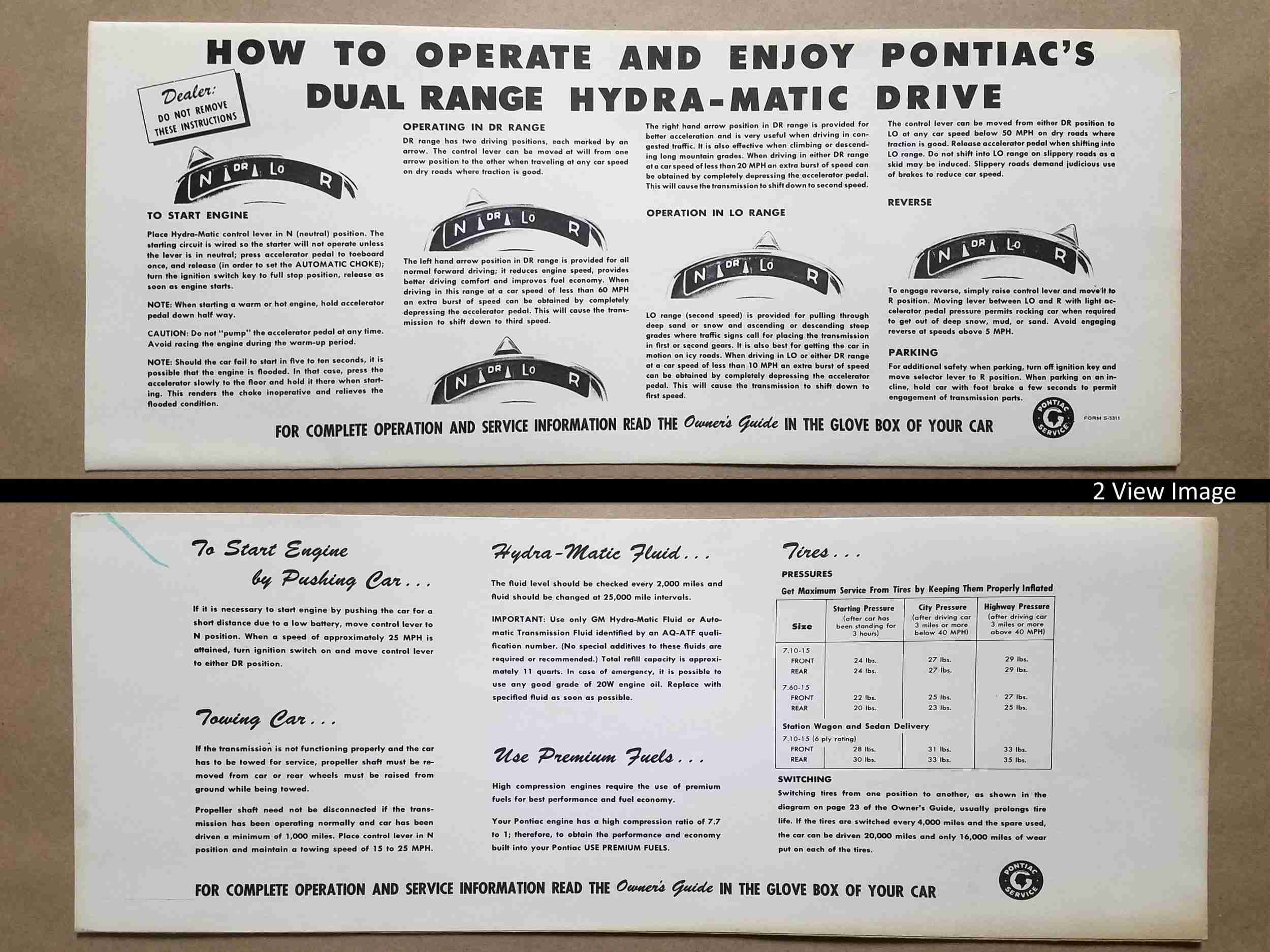 1952-56 Dual Range Hydramatic Sunvisor Card, on card: “Form S-5311”