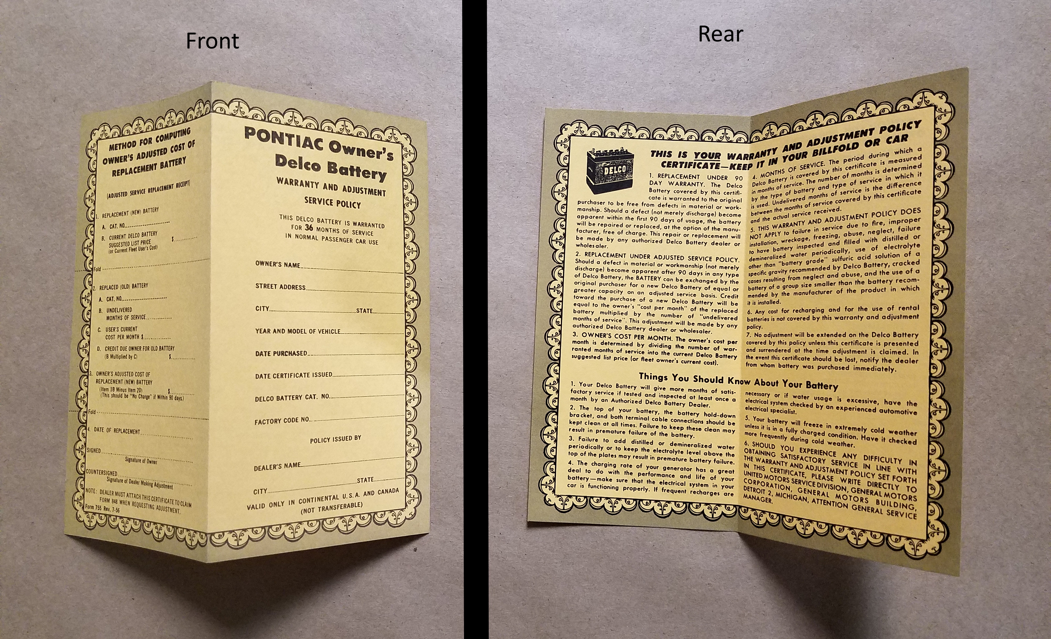 1955-60 Delco New Car Battery Owners Certificate
