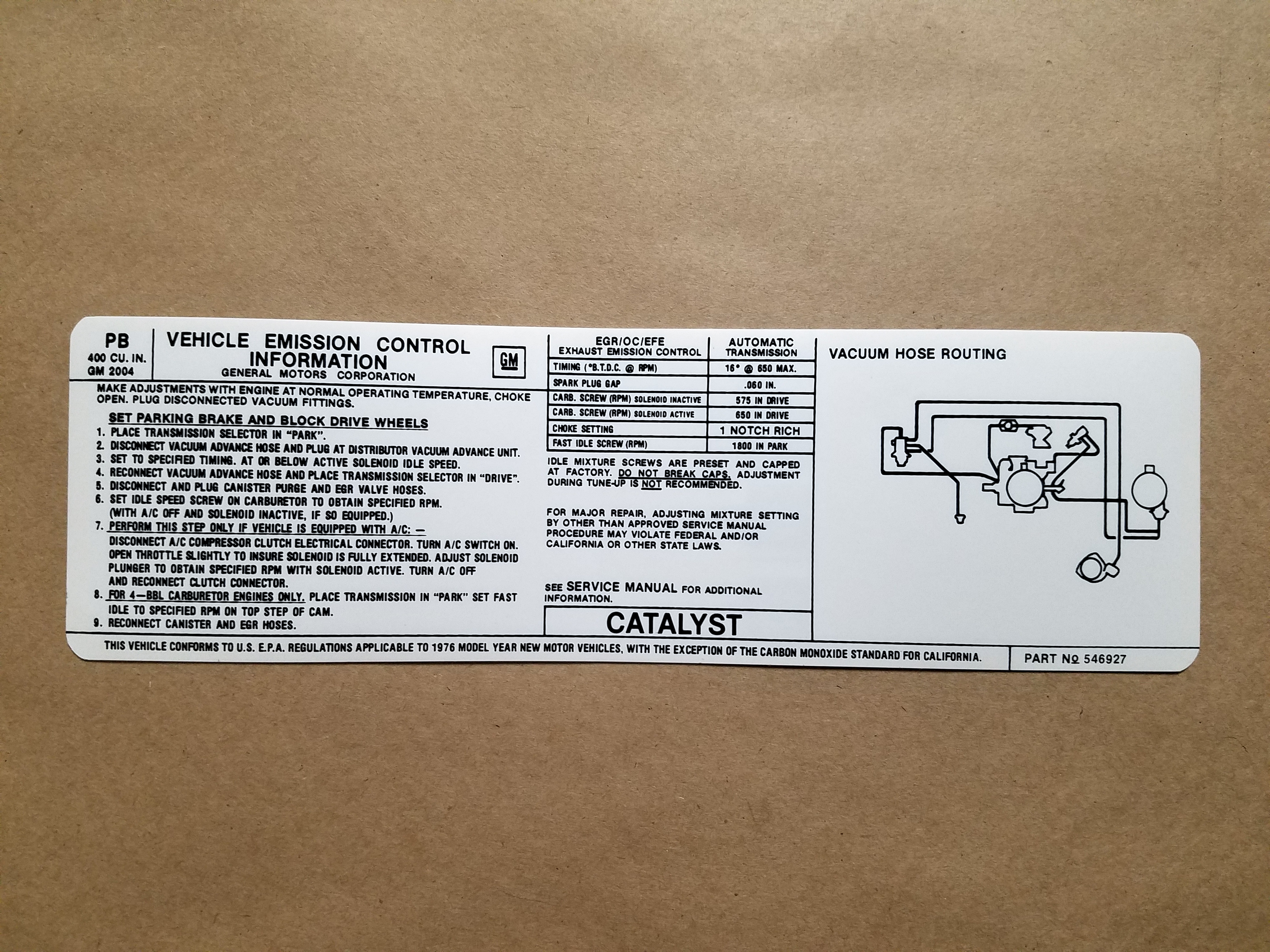 1976 400 AT Emission decal US (On Decal: PB 546927)..
