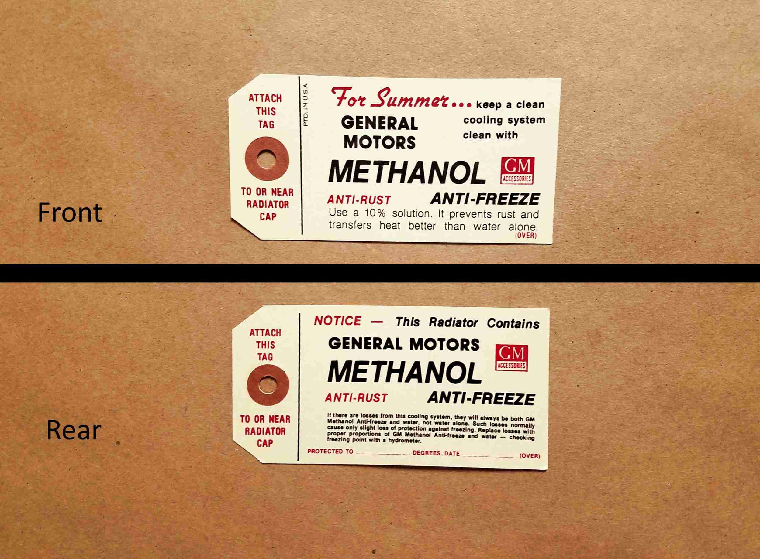 1949-60 Methanol Antifreeze Tag, cardboard