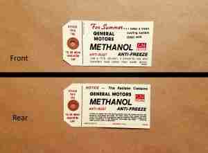 1949-60 Methanol Antifreeze Tag, cardboard