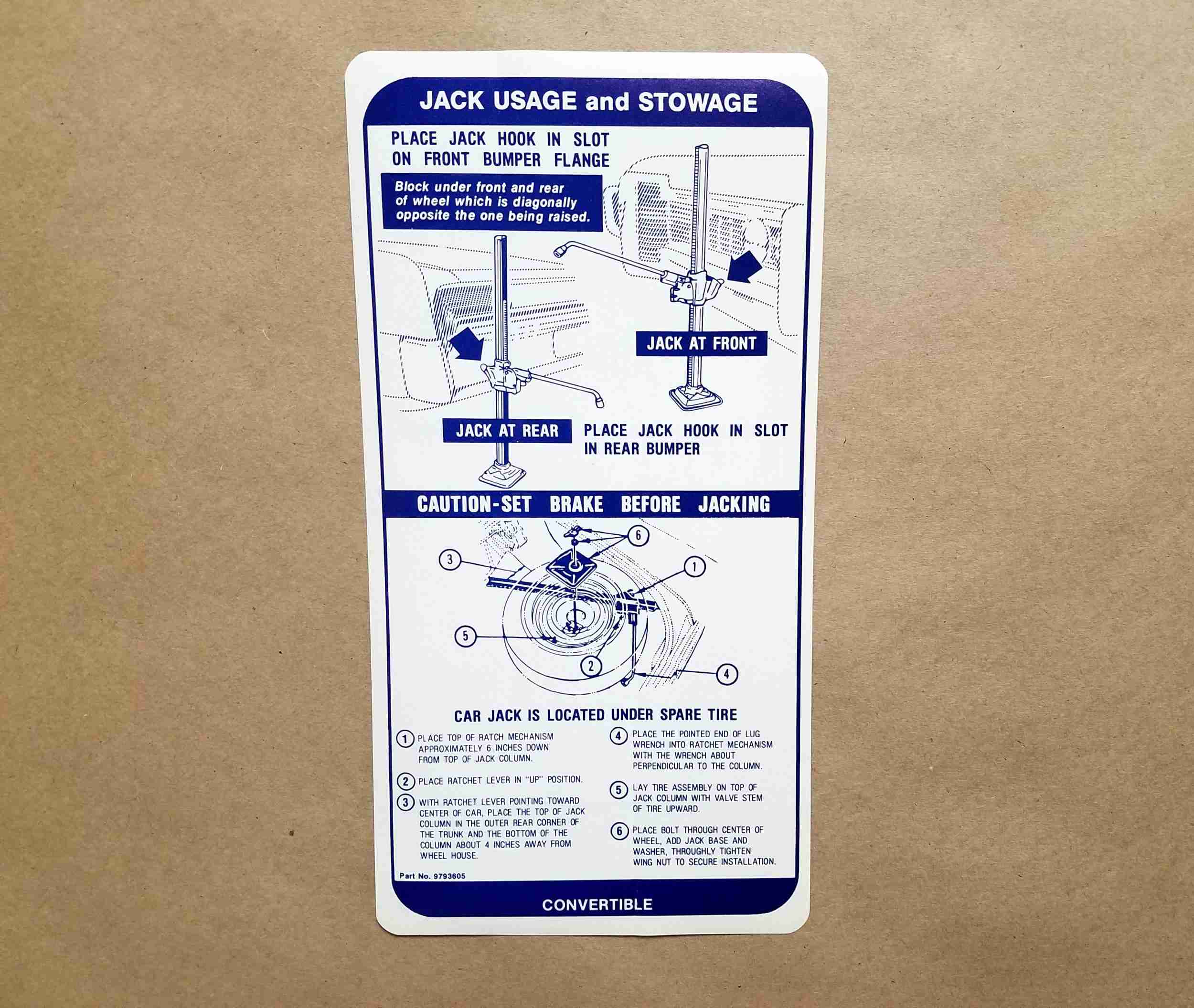 Jack Instructions Convertible GM 9793