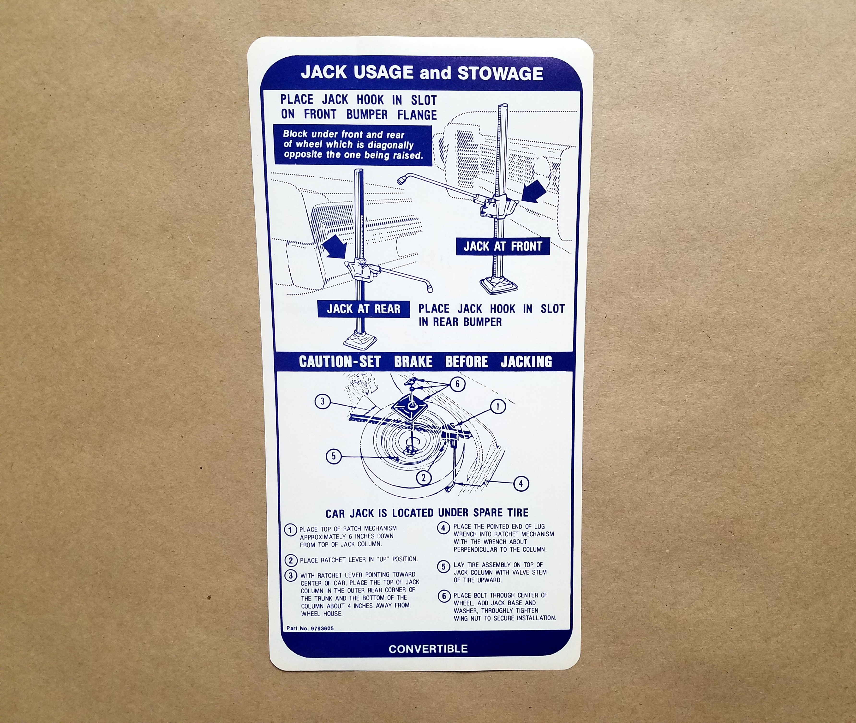Jack Instructions Convertible GM 9793